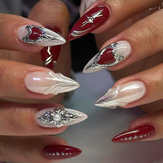 Romantic Elegance Medium Almond Red and White Press On Nails with Intricate Metallic Accents