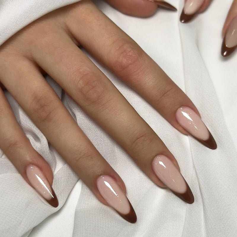 Chic Elegance Long Almond Beige and Brown Ombre Press on Nail Set