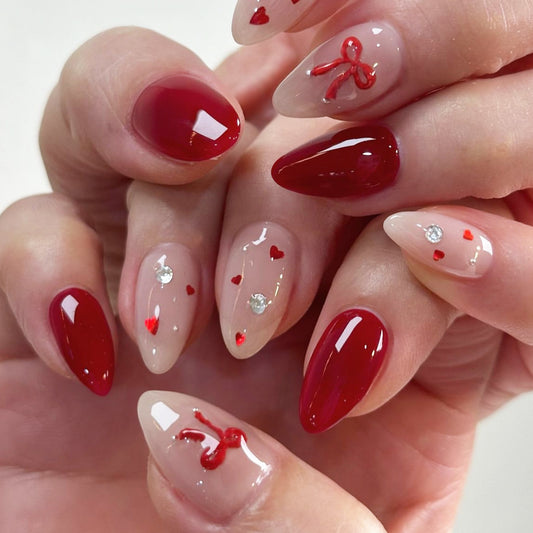 Romantic Charm Short Almond Red and Beige Press On Nail Set with Heart and Bow Accents