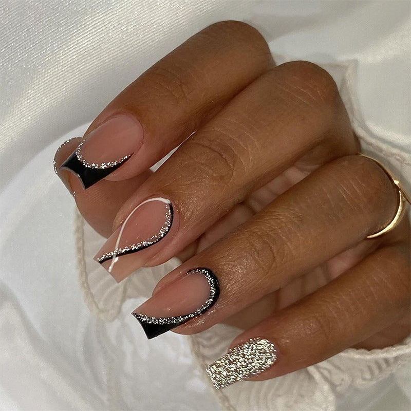 Glimmering Elegance Medium Coffin Shaped Beige and Black Press On Nail Set with Stunning Glitter Accents