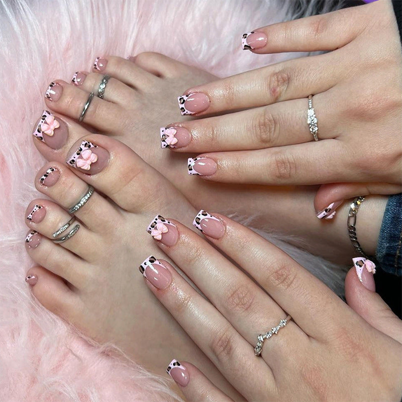 Charming Cow Print Short Square Press On Nail Set Long Square Pink with Floral Accents