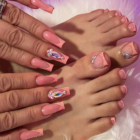 Glamorous Elegance Long Square Pink Press on Nail Set with Dazzling Gem Accents