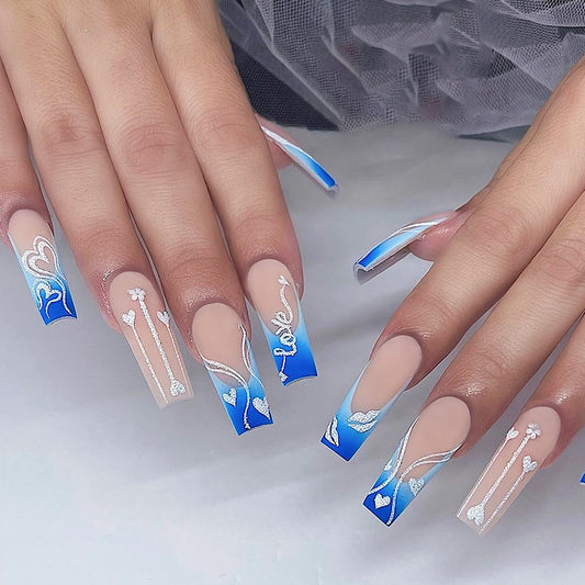 Ocean Breeze Long Square Blue Ombre Press On Nail Set with Love and Heart Design