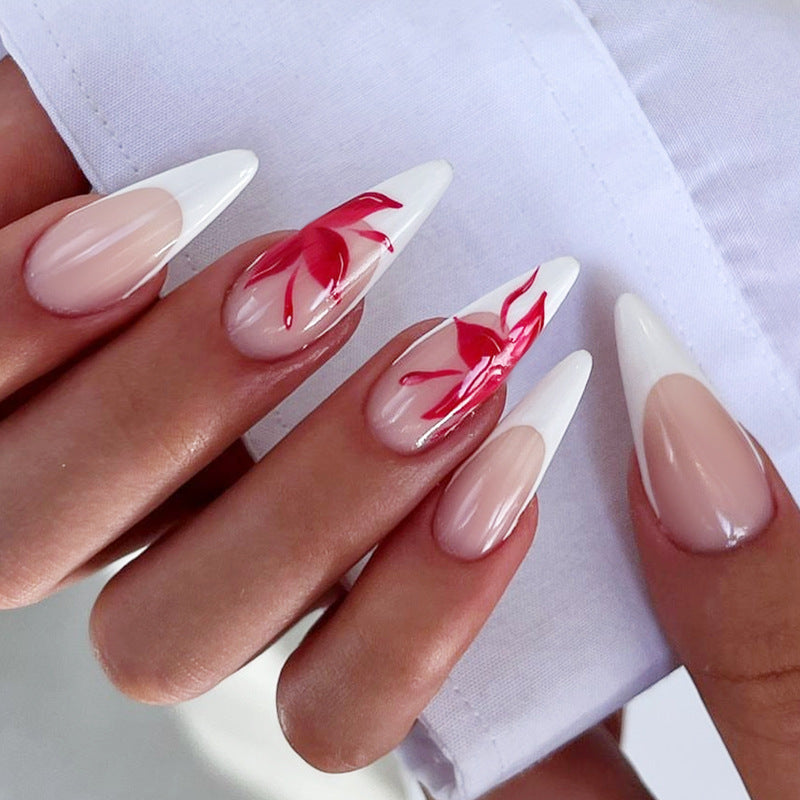 Elegant Bloom Long Stiletto Shape Beige and White Press On Nails with Red Floral Accents