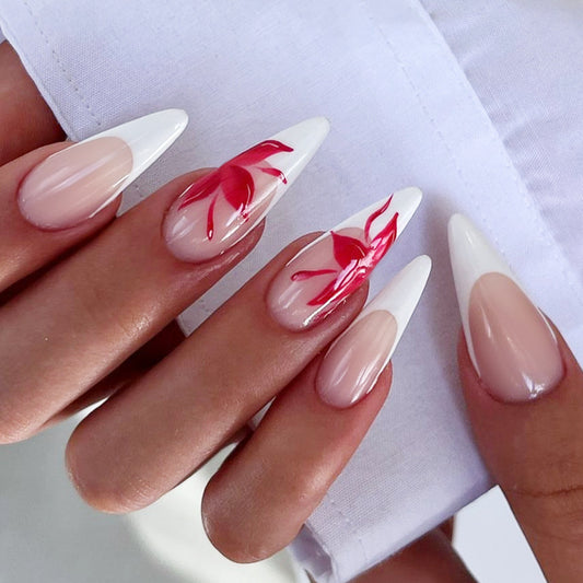 Elegant Bloom Long Stiletto Shape Beige and White Press On Nails with Red Floral Accents