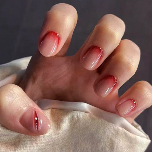 Chic Elegance Soft Short Round Translucent Pink with Bold Red Tips Press On Nail Set