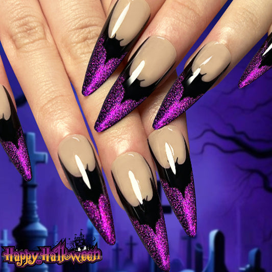 Spooky Glam Long Stiletto Press On Nails in Black and Purple with Glitter Gradient Effect