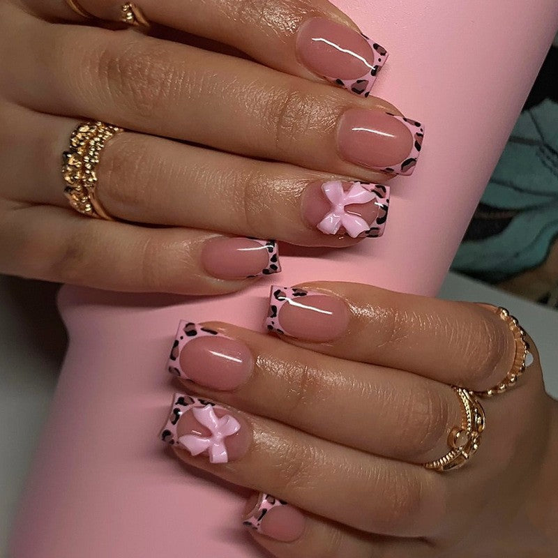 Chic Jungle Inspired short Square Natural Pink Press On Nail Set with Elegant Bow and Animal Print Tips