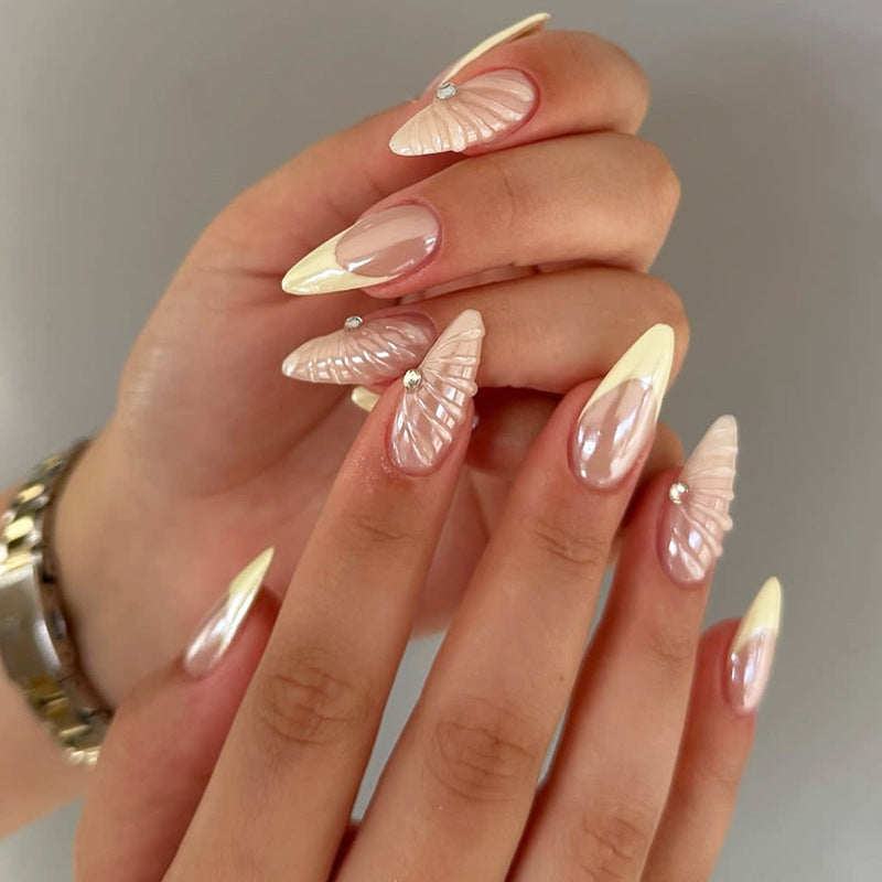 Seaside Elegance Medium Stiletto Beige and White with Shell Design and Glamorous Gems Press On Nail Set