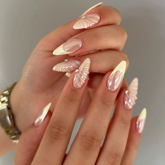 Seaside Elegance Medium Stiletto Beige and White with Shell Design and Glamorous Gems Press On Nail Set