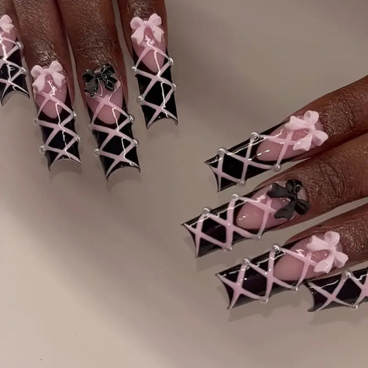 Chic Romance Long Square Press On Nail Set Pink and Black with Bow and Pearls Design