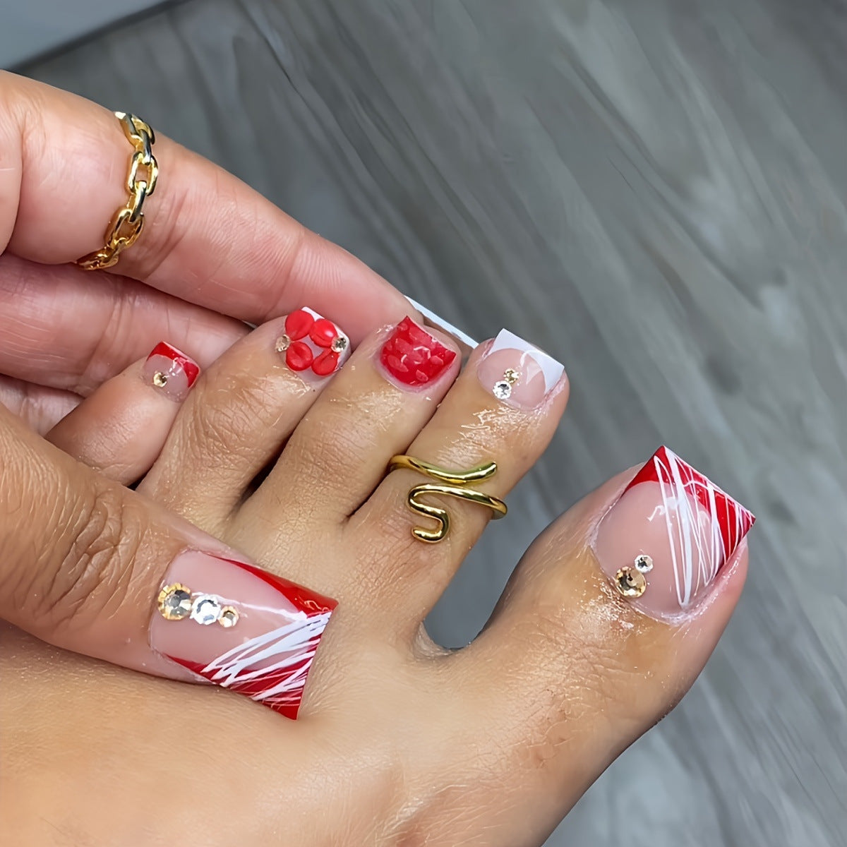 Holiday Glam Press On Toenail Set Short Square Red Clear With 3D Floral Accent and Glitter Details