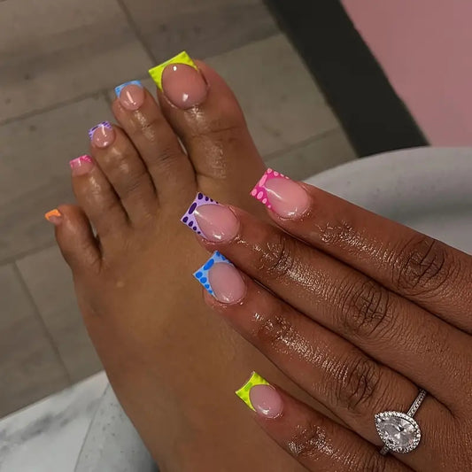 Colorful Summer Vibes Medium Square Press On Nail Set with Multi-Colored Tips and Fun Polka Dots
