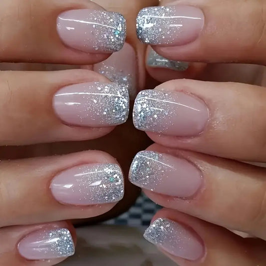 Dreamy Sparkle Square Medium Pink Ombre Glitter Press On Nail Set