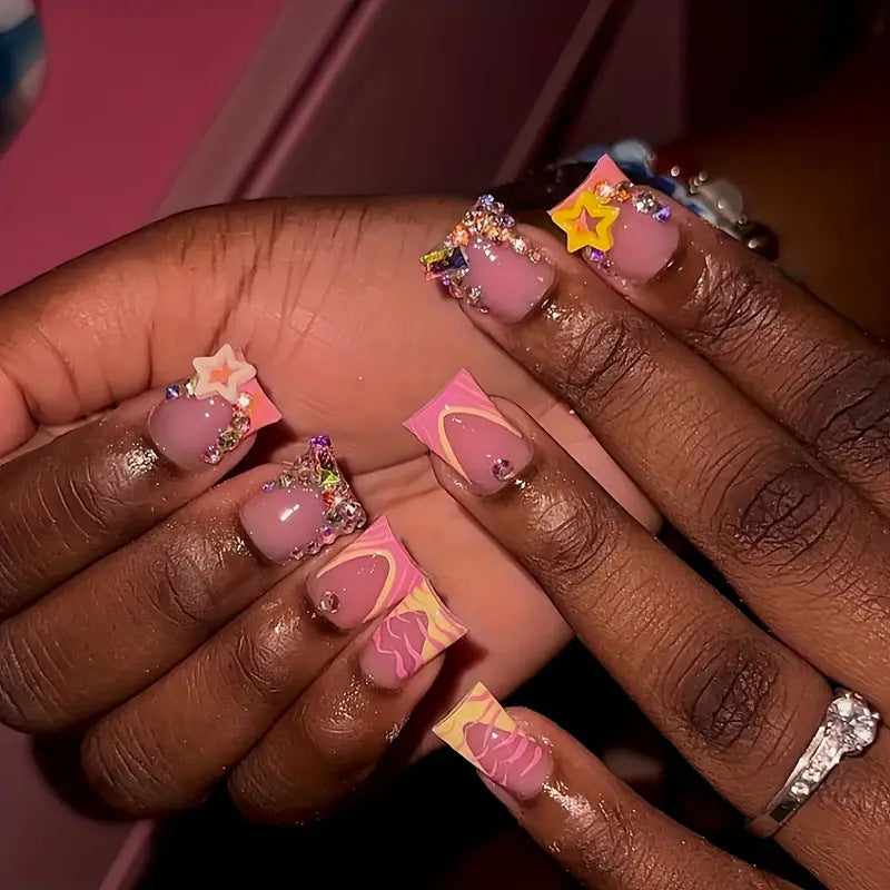 Dreamy Dessert Paradise Press On Nail Set Medium Duck Pink with Colorful Rhinestones and Cute Charm Accents