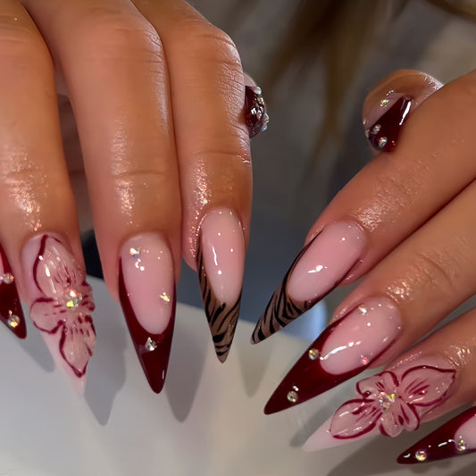 Elegant Floral Fantasy Long Stiletto Red and Pink with Intricate Designs and Sparkling Accents Nail Set