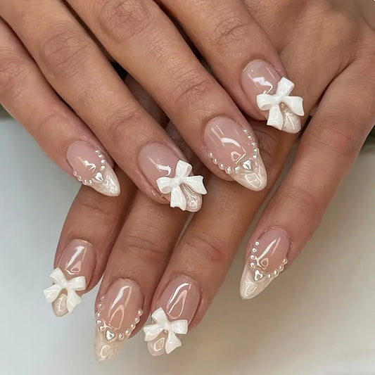 Elegant Romance Almond Press On Long Nail Set White with Charming Bow and Pearl Accents
