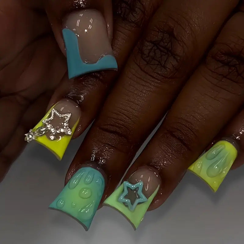 Celestial Dream Press On Nail Set Long Duck Shaped Aqua Yellow and Clear with Star Charm Accents