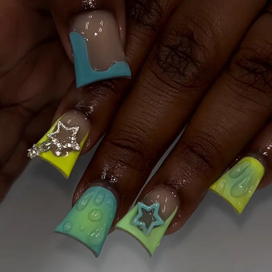 Celestial Dream Press On Nail Set Long Duck Shaped Aqua Yellow and Clear with Star Charm Accents