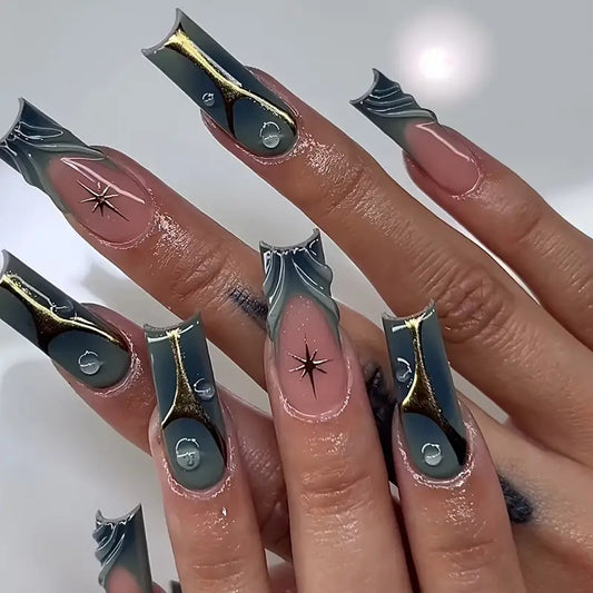 Celestial Elegance Long Square Press On Nail Set in Dark Teal and Gold with Starburst Design