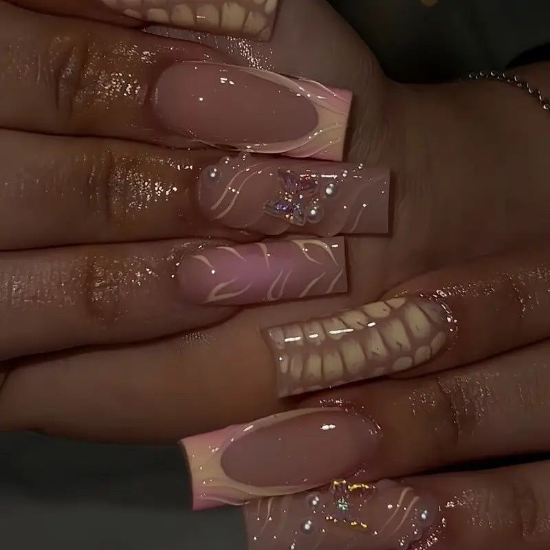 Whimsical Bliss Long Square Pink Press On Nail Set with Unique Butterfly and Pearl Accents