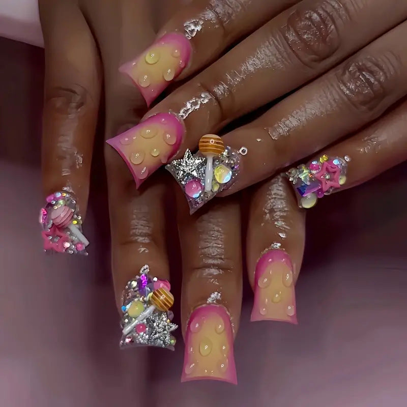 Whimsical Beach Dream Long Duck Pink Ombre with Sparkling Gem Accents Press On Nail Set