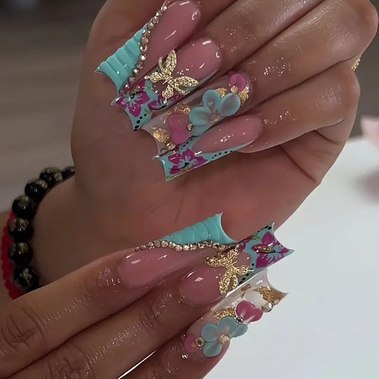 Tropical Paradise Long Square Press On Nail Set in Pastel Pink with Floral and Glitter Accents
