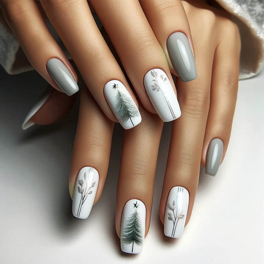 Winter Wonderland Long Square Grey and White Press On Nail Set with Elegant Forest-Inspired Designs