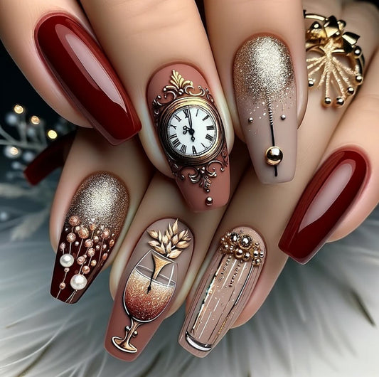 Decorative nail art with clock, wine glass, and decorative elements on a neutral background