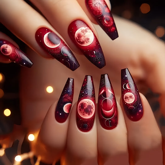 Celestial Nighttime Long Coffin Burgundy Press On Nail Set with Moon and Star Design