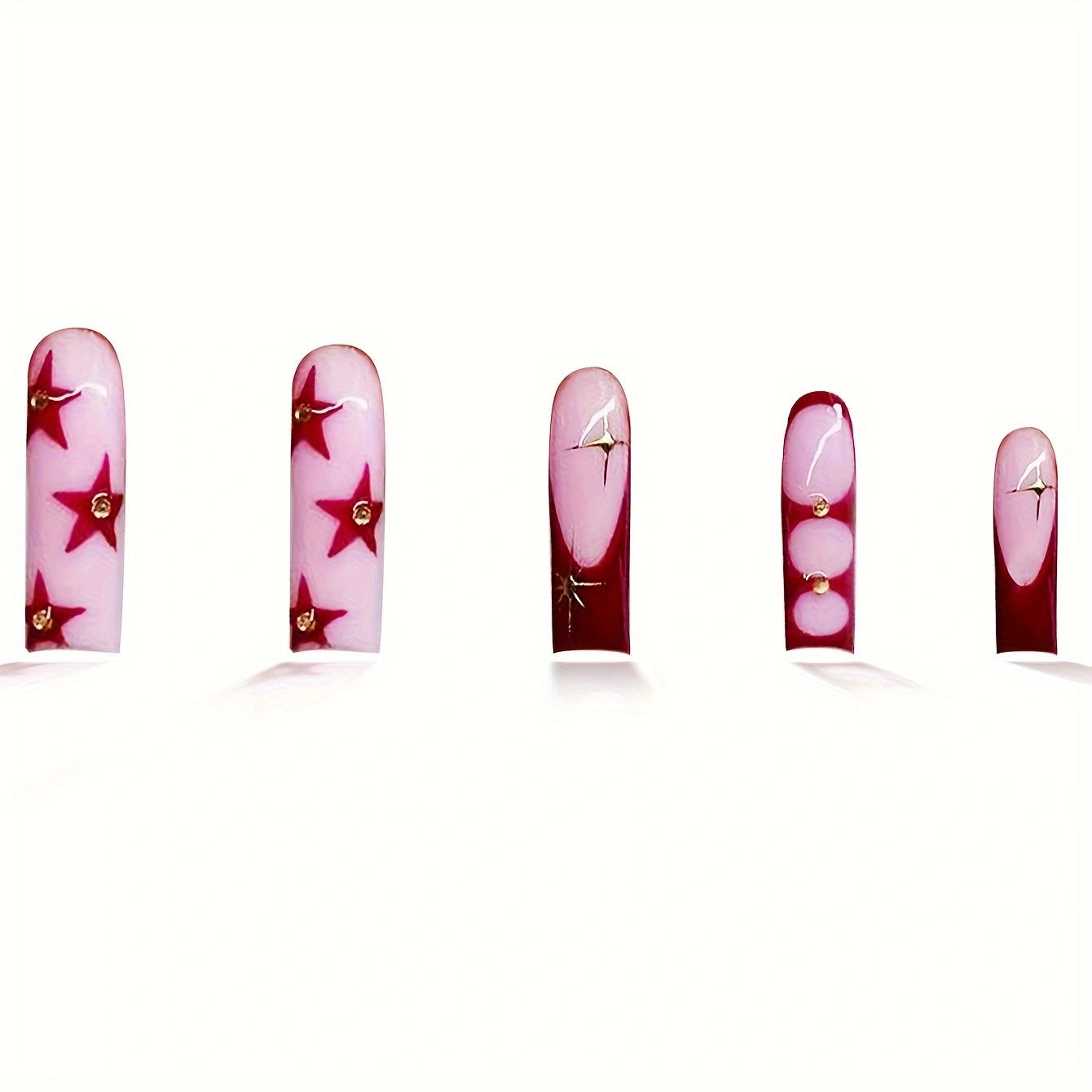 Celestial Glamour Long Square Pink and Red Press-On Nail Set with Star and Gemstone Accents