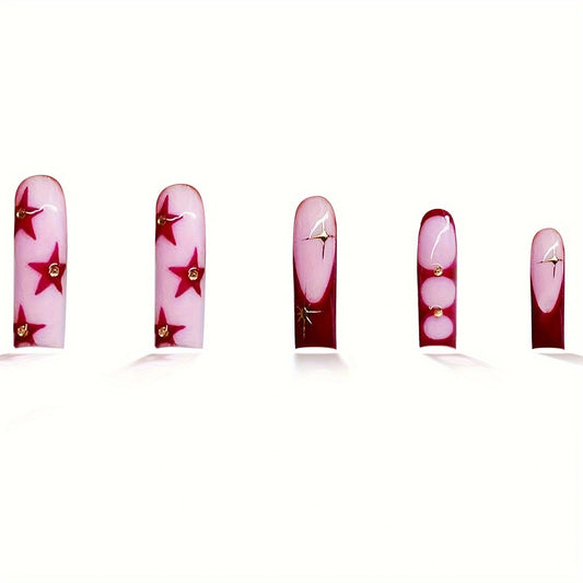 Celestial Glamour Long Square Pink and Red Press-On Nail Set with Star and Gemstone Accents
