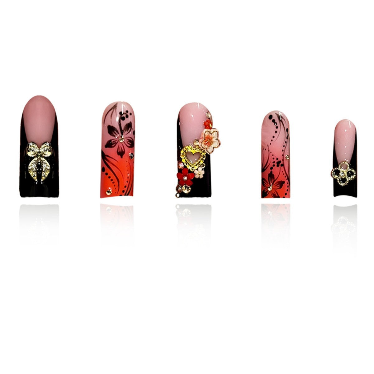 Blooming Elegance Long Square Pink to Black Ombre with Decorative Floral Gems Press On Nail Set