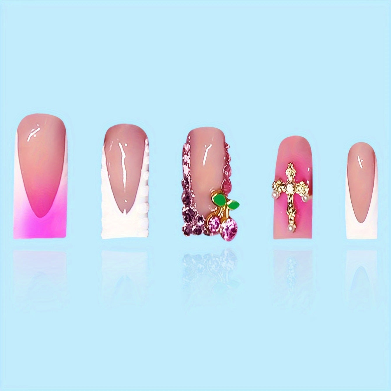 Glamorous Cherry Blossom Inspired Long Square Ombre Pink Press On Nail Set with Decorative Rhinestones and Unique Charms