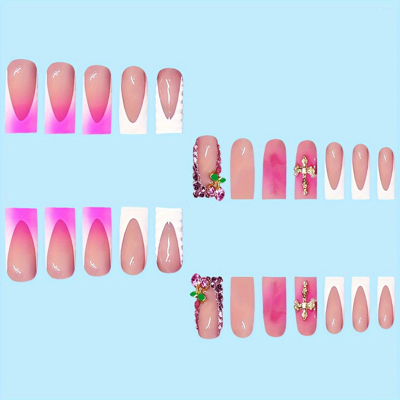 Glamorous Elegance Long Square Pink Ombre with Gemstone Accents Press-On Nail Set