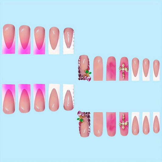 Glamorous Elegance Long Square Pink Ombre with Gemstone Accents Press-On Nail Set