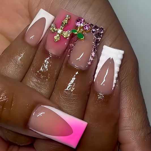 Glamorous Elegance Medium Square Pink and White Press On Nail Set with Decorative Gems and Unique Metallic Accents