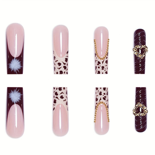 Wild Elegance Long Square Burgundy and Beige Press-On Nail Set with Glamorous Gold Accents and Unique Animal Print Detail