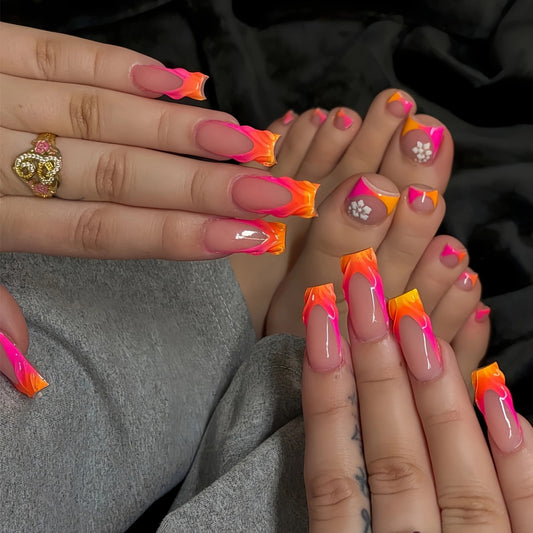Radiant Sunset Style Long Square Neon Pink and Orange Press On Nail Set with Eye-Catching Gradient Design