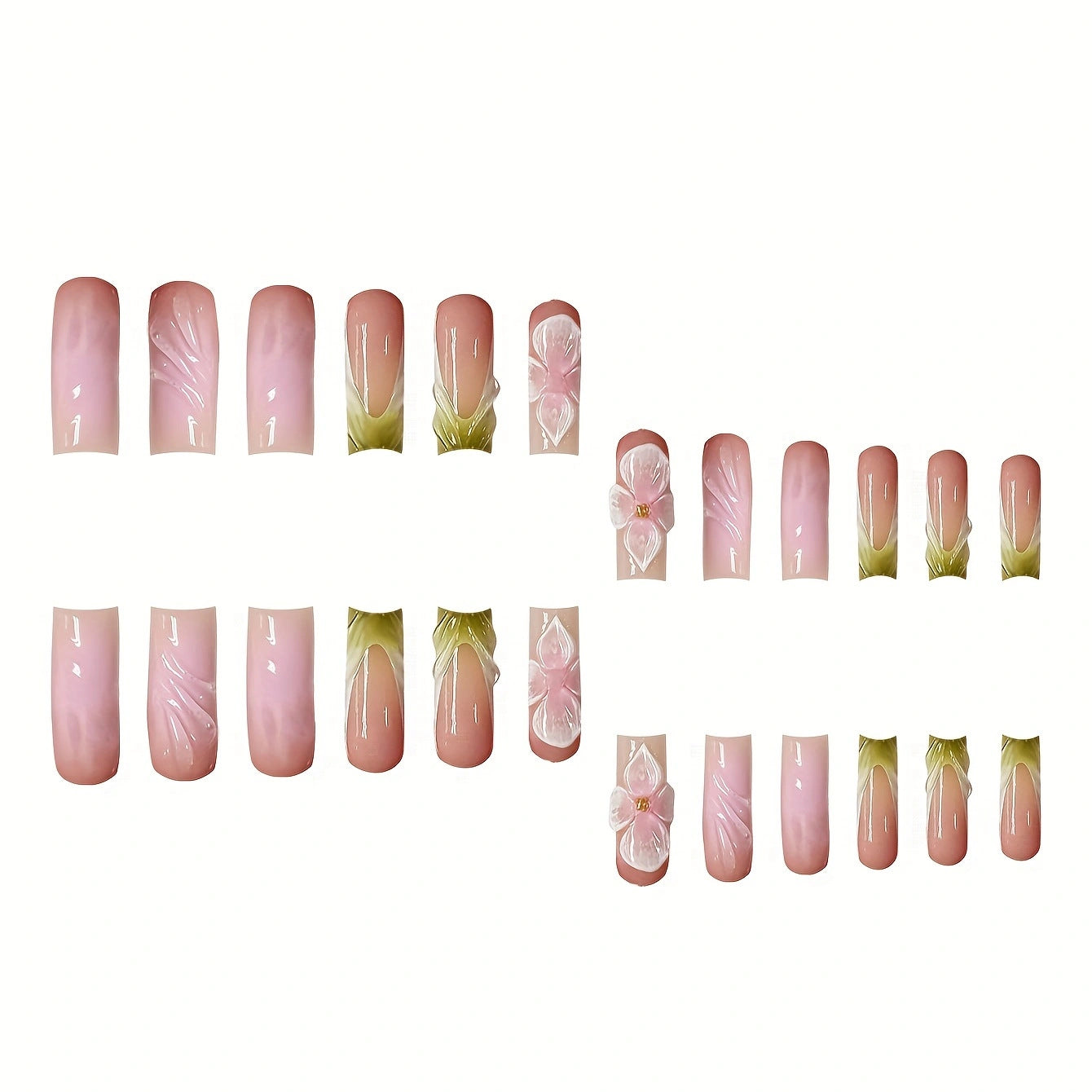 Whimsical Blossom Pink Long Square Press On Nails with Floral Accents