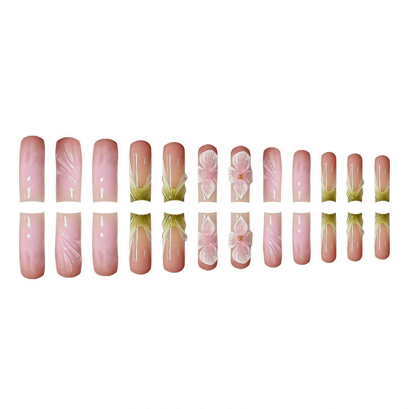 Floral Elegance Long Square Pink Press-On Nail Set with Delicate Flower Accents