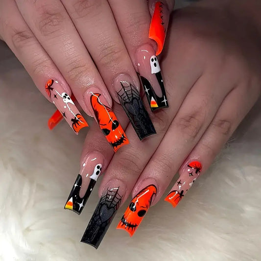 Spooky Halloween Long Square Orange And Black Press On Nail Set With Ghost And Spider Designs