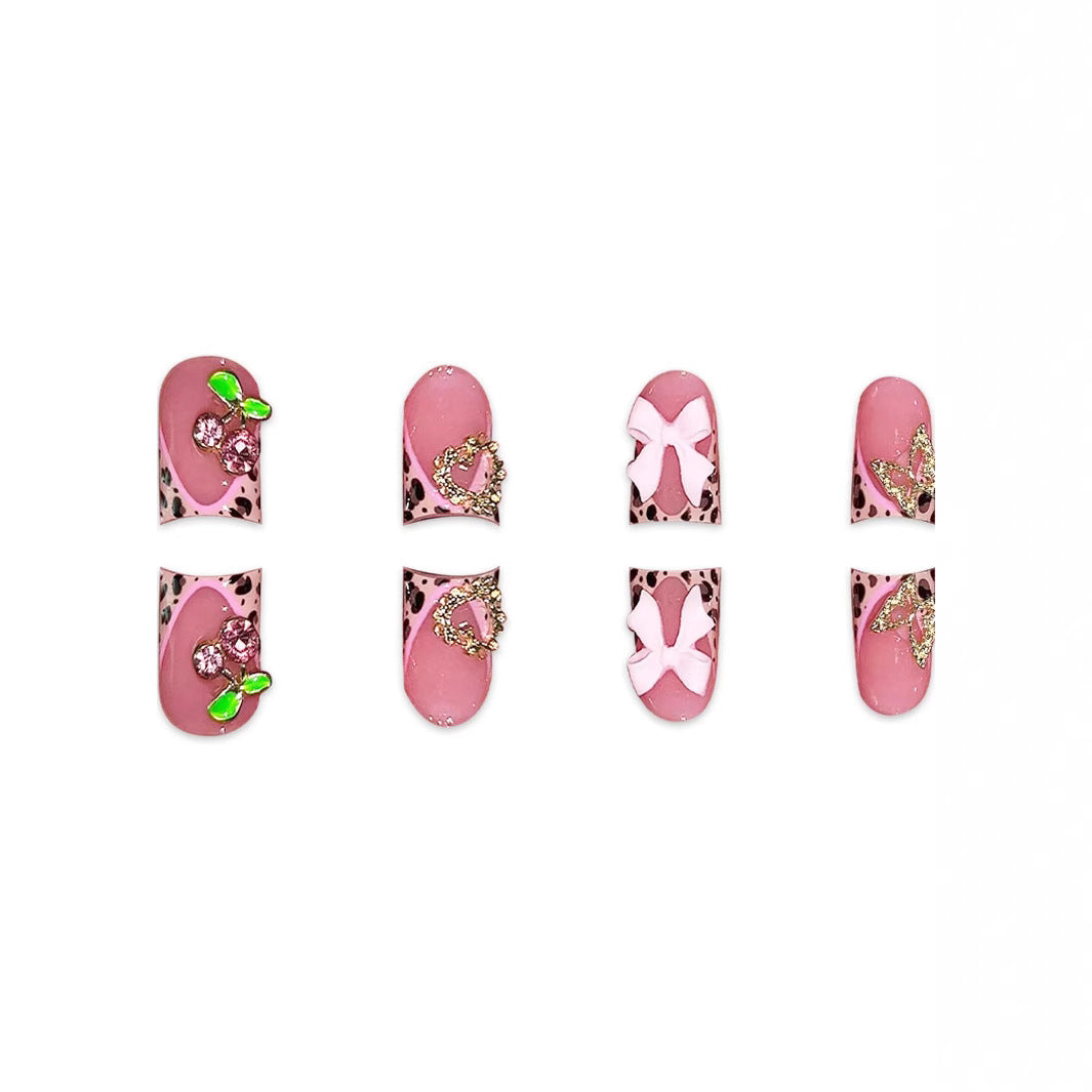 Charming Pink Short Square Press on Nail Set with Glittering Accents and Fun Animal Prints