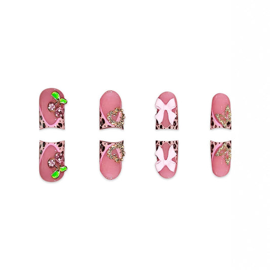 Charming Pink Short Square Press on Nail Set with Glittering Accents and Fun Animal Prints