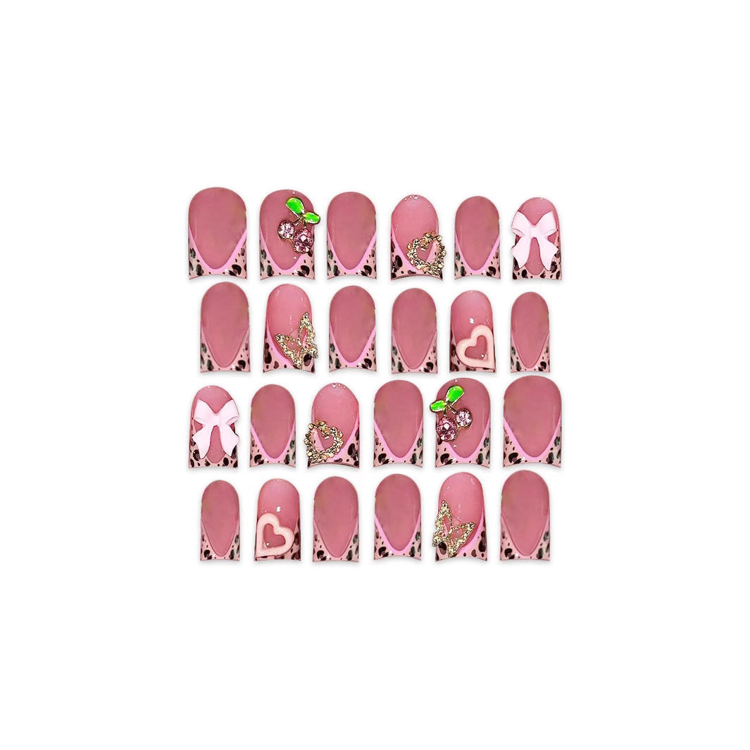 Charming Floral Bliss Pink Short Square Press On Nail Set with Unique Gemstone Embellishments