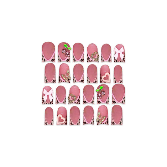 Charming Floral Bliss Pink Short Square Press On Nail Set with Unique Gemstone Embellishments
