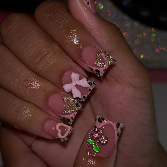 Charming Delight Short Square Pink Acrylic Press On Nails with Fun Decorative Bow and Gem Accents