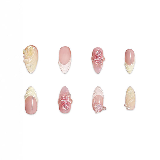 Whimsical Blossom Pink Short Almond Press On Nail Set with Floral Accents and Iridescent Detail