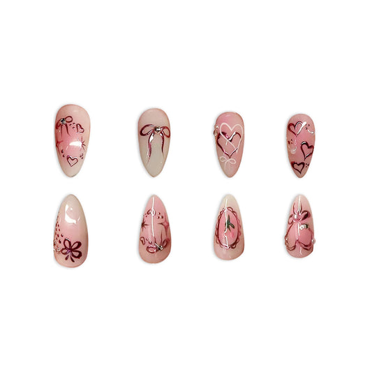 Charming Romance Short Almond Pink Nail Set with Dazzling Heart and Bow Designs