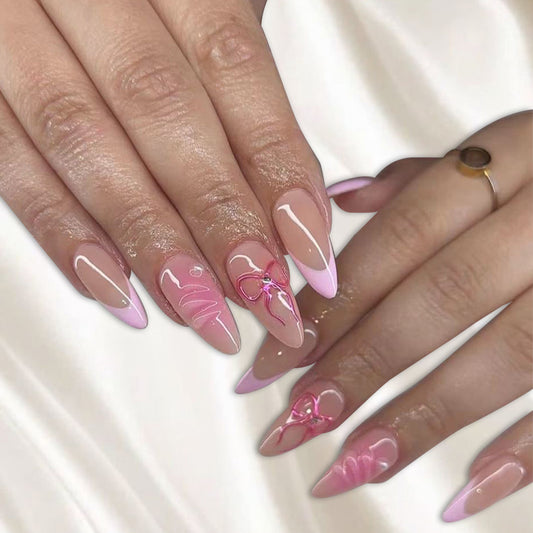 Whimsical Charm Long Almond Beige Pink Gradient Press On Nail Set with Floral Accents